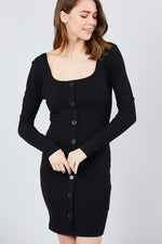 Load image into Gallery viewer, Long Sleeve U-neck Front Button Detail Rib Mini Dress
