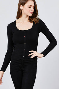 Long Sleeve Scoop Neck Button Detail Rib Knit Top