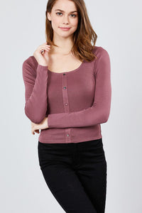 Long Sleeve Scoop Neck Button Detail Rib Knit Top