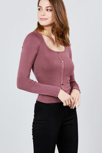 Long Sleeve Scoop Neck Button Detail Rib Knit Top