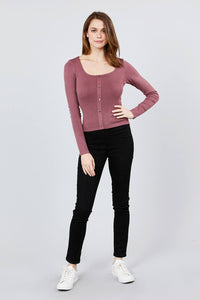 Long Sleeve Scoop Neck Button Detail Rib Knit Top