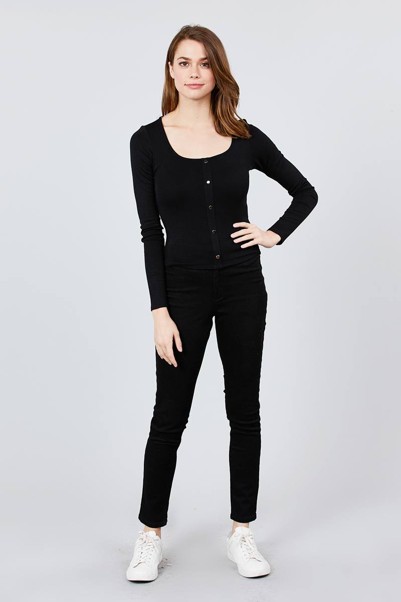 Long Sleeve Scoop Neck Button Detail Rib Knit Top