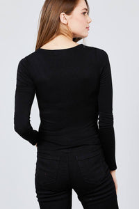 Long Sleeve Scoop Neck Button Detail Rib Knit Top