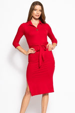 Load image into Gallery viewer, 3/4 Sleeves Collared V-neck Midi Tee Dress with Belt
