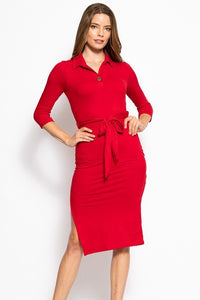 3/4 Sleeves Collared V-neck Midi Tee Dress with Belt