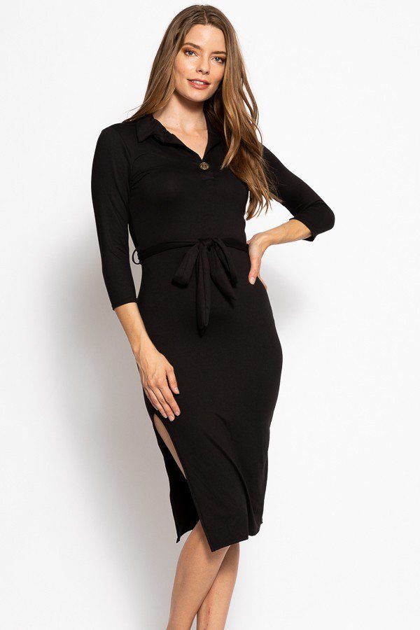 3/4 Sleeves Collared V-neck Midi Tee Dress with Belt