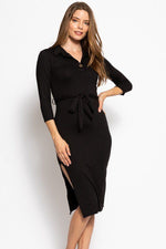 Load image into Gallery viewer, 3/4 Sleeves Collared V-neck Midi Tee Dress with Belt
