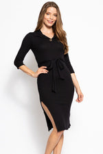 Load image into Gallery viewer, 3/4 Sleeves Collared V-neck Midi Tee Dress with Belt
