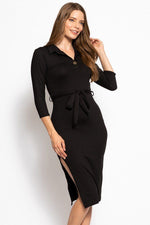 Load image into Gallery viewer, 3/4 Sleeves Collared V-neck Midi Tee Dress with Belt
