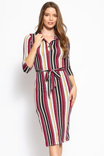 Load image into Gallery viewer, 3/4 Sleeves Collared V-neck Striped Midi Tee Dress with Belt
