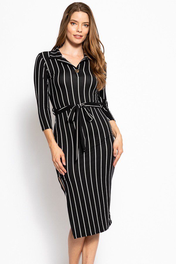 3/4 Sleeves Collared V-neck Striped Midi Tee Dress with Belt