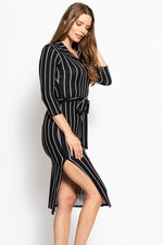 Load image into Gallery viewer, 3/4 Sleeves Collared V-neck Striped Midi Tee Dress with Belt
