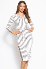 Load image into Gallery viewer, 3/4 Sleeves Collared V-neck Striped Midi Tee Dress with Belt
