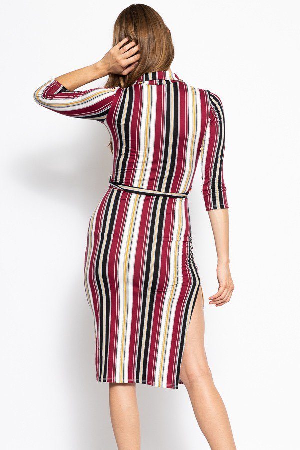 3/4 Sleeves Collared V-neck Striped Midi Tee Dress with Belt