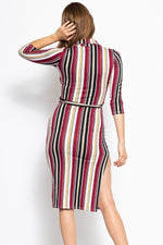 Load image into Gallery viewer, 3/4 Sleeves Collared V-neck Striped Midi Tee Dress with Belt
