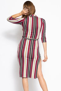 3/4 Sleeves Collared V-neck Striped Midi Tee Dress with Belt