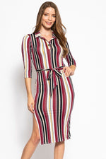 Load image into Gallery viewer, 3/4 Sleeves Collared V-neck Striped Midi Tee Dress with Belt
