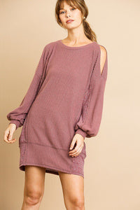 Long Sleeve Waffle Knit Open Shoulder Dress