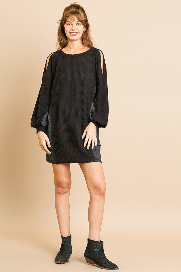 Long Sleeve Waffle Knit Open Shoulder Dress