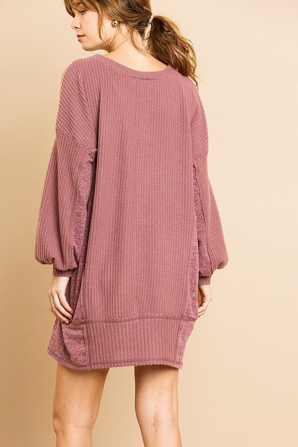 Long Sleeve Waffle Knit Open Shoulder Dress