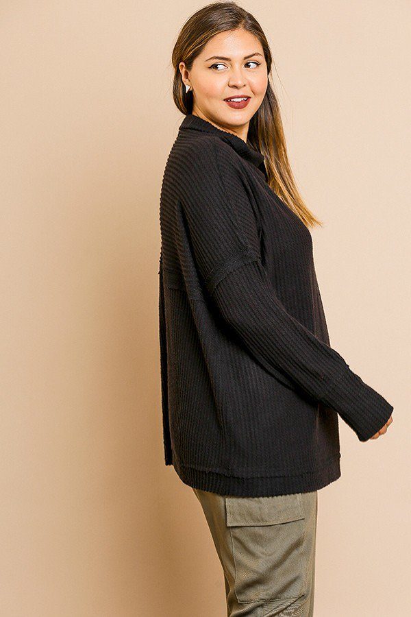 Waffle Knit Long Sleeve High Folded Neck Top