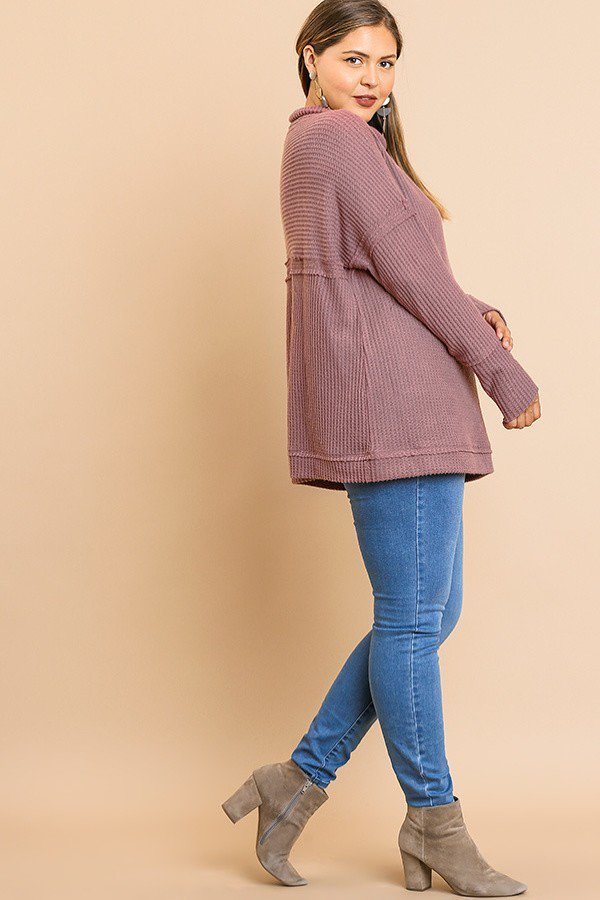 Waffle Knit Long Sleeve High Folded Neck Top