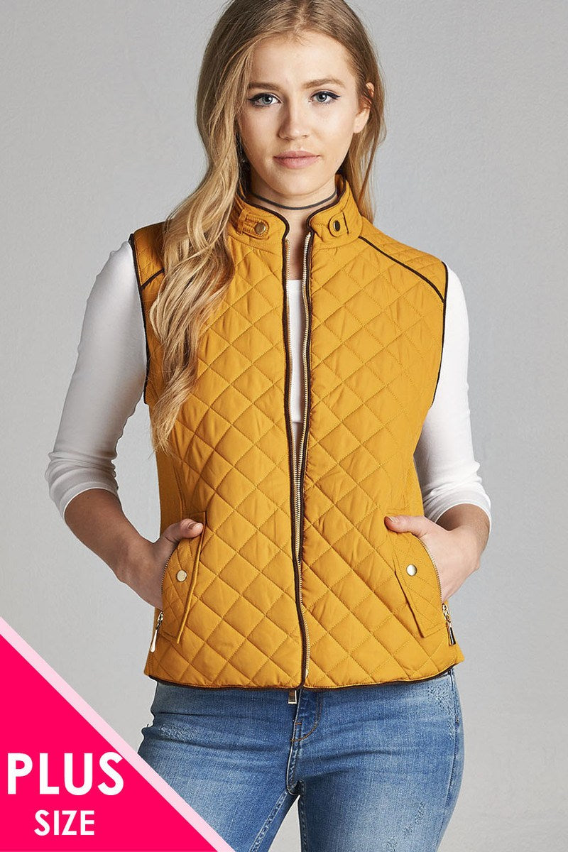 Quilted Padding Vest With Suede Piping Details