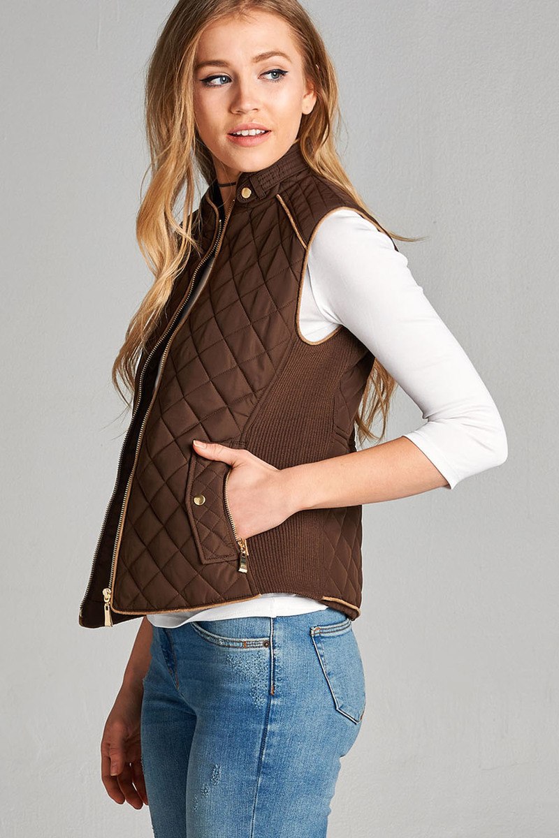 Quilted Padding Vest With Suede Piping Details