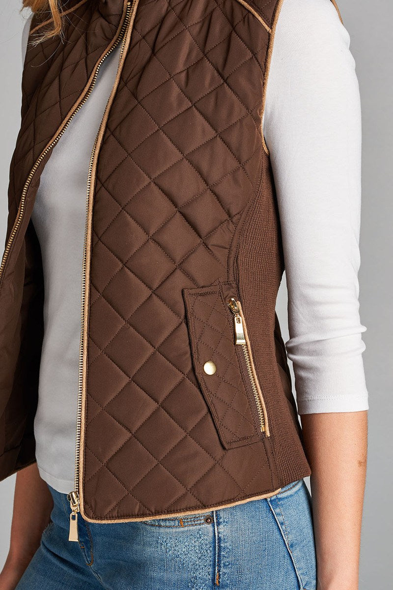 Quilted Padding Vest With Suede Piping Details