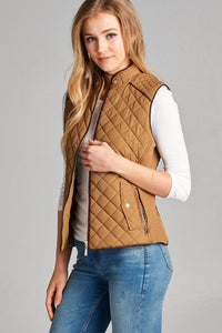 Quilted Padding Vest With Suede Piping Details