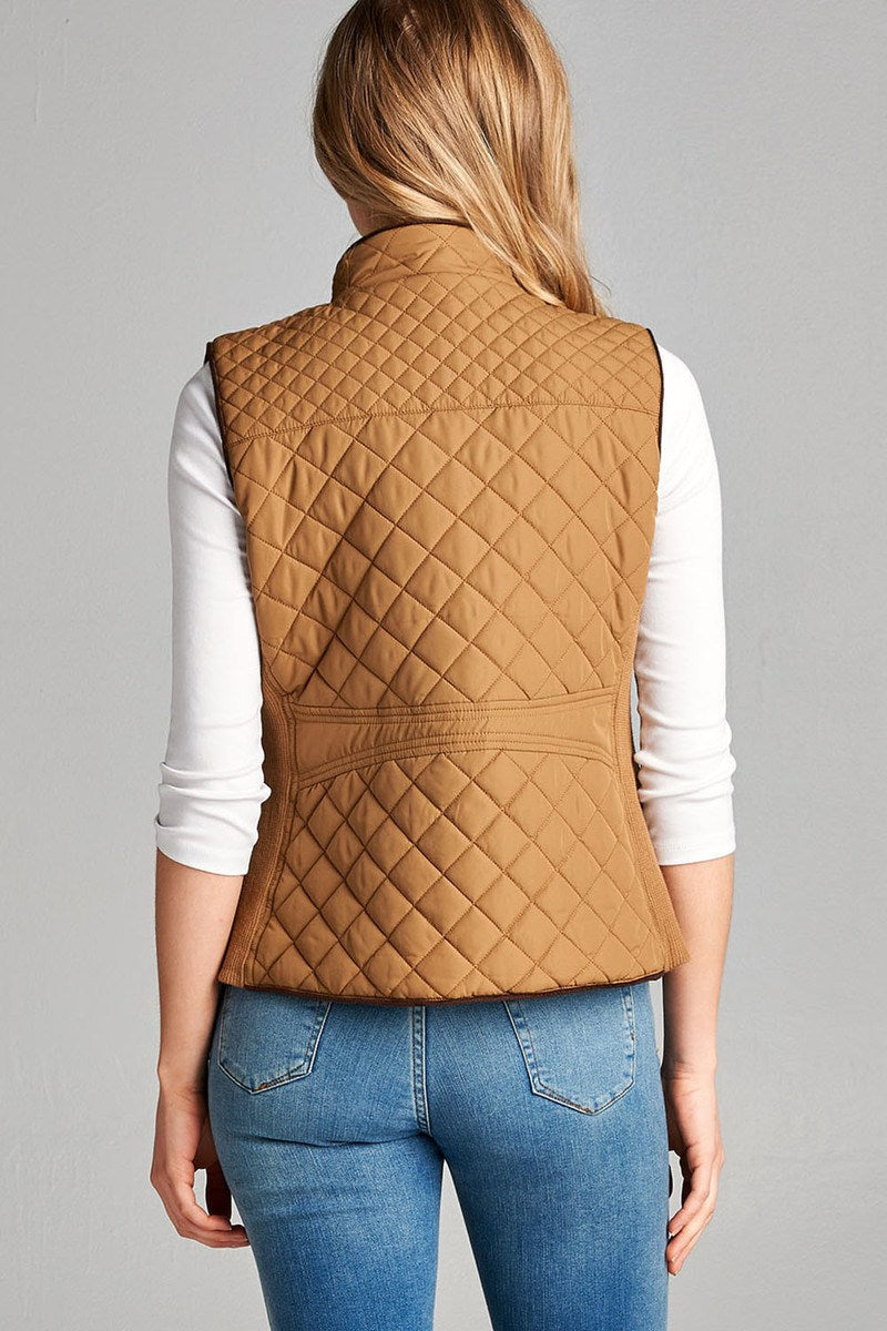 Quilted Padding Vest With Suede Piping Details