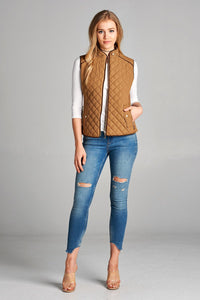 Quilted Padding Vest With Suede Piping Details