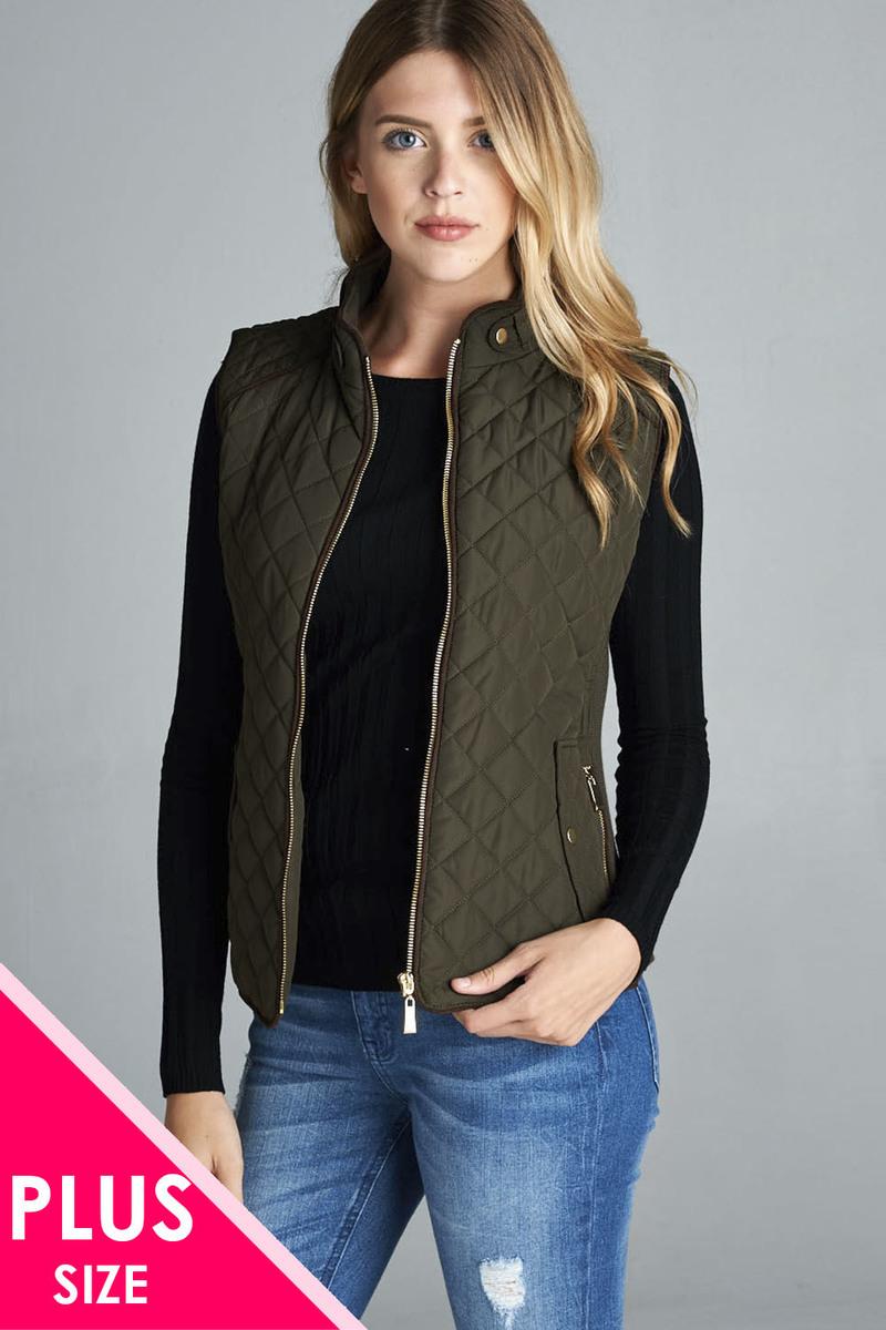 Quilted Padding Vest With Suede Piping Details