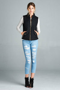 Quilted Padding Vest With Suede Piping Details