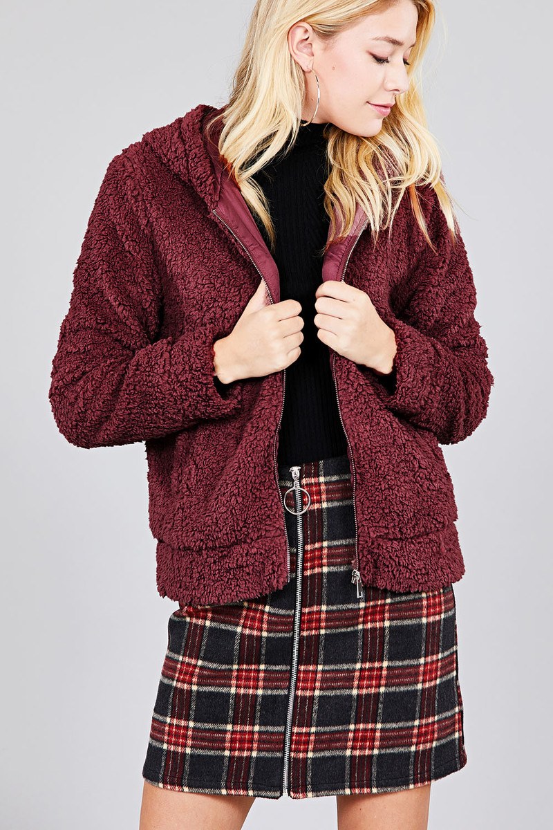 Hoodie Side Pocket Faux Fur Zip-up Jacket