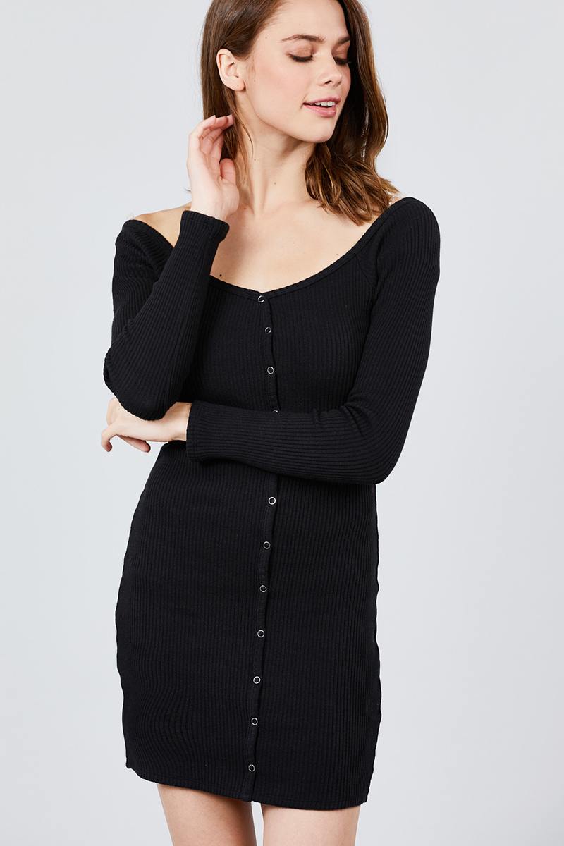 Long Sleeve Off Shoulder Button Detail Rib Mini Dress