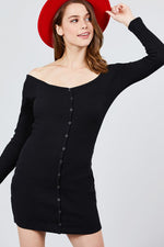 Load image into Gallery viewer, Long Sleeve Off Shoulder Button Detail Rib Mini Dress
