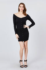 Load image into Gallery viewer, Long Sleeve Off Shoulder Button Detail Rib Mini Dress
