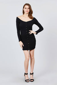 Long Sleeve Off Shoulder Button Detail Rib Mini Dress