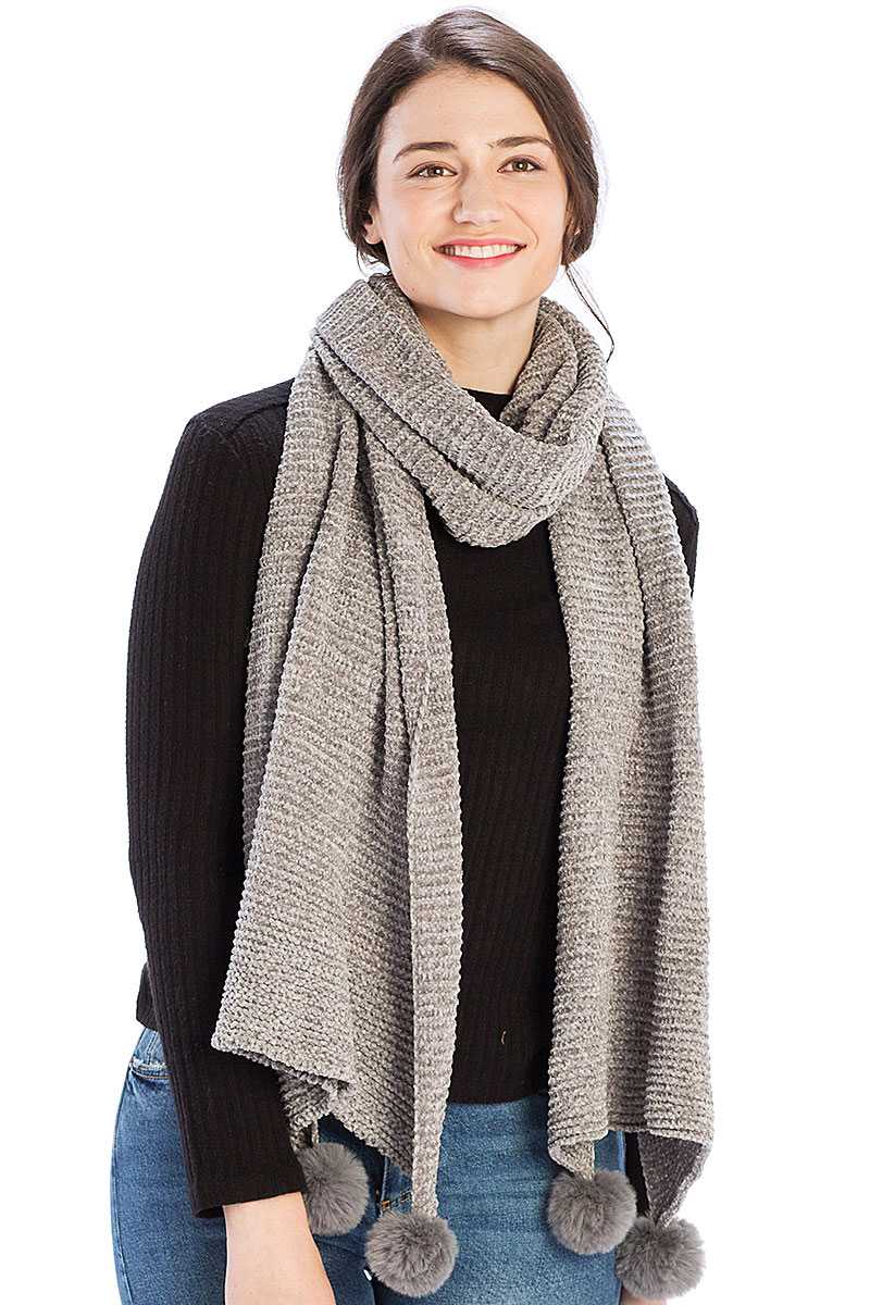 Pleated Chenile Pom Pom Scarf