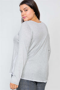 Plus Size Knit Long Sleeve Contrast Trim Top