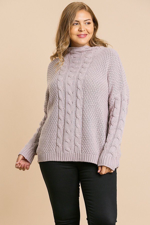 Long Sleeve Cable Knit Mock Neck Pullover Sweater