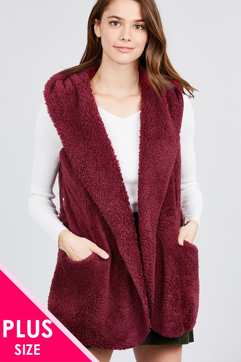 Open Front Faux Fur Vest Hoodie