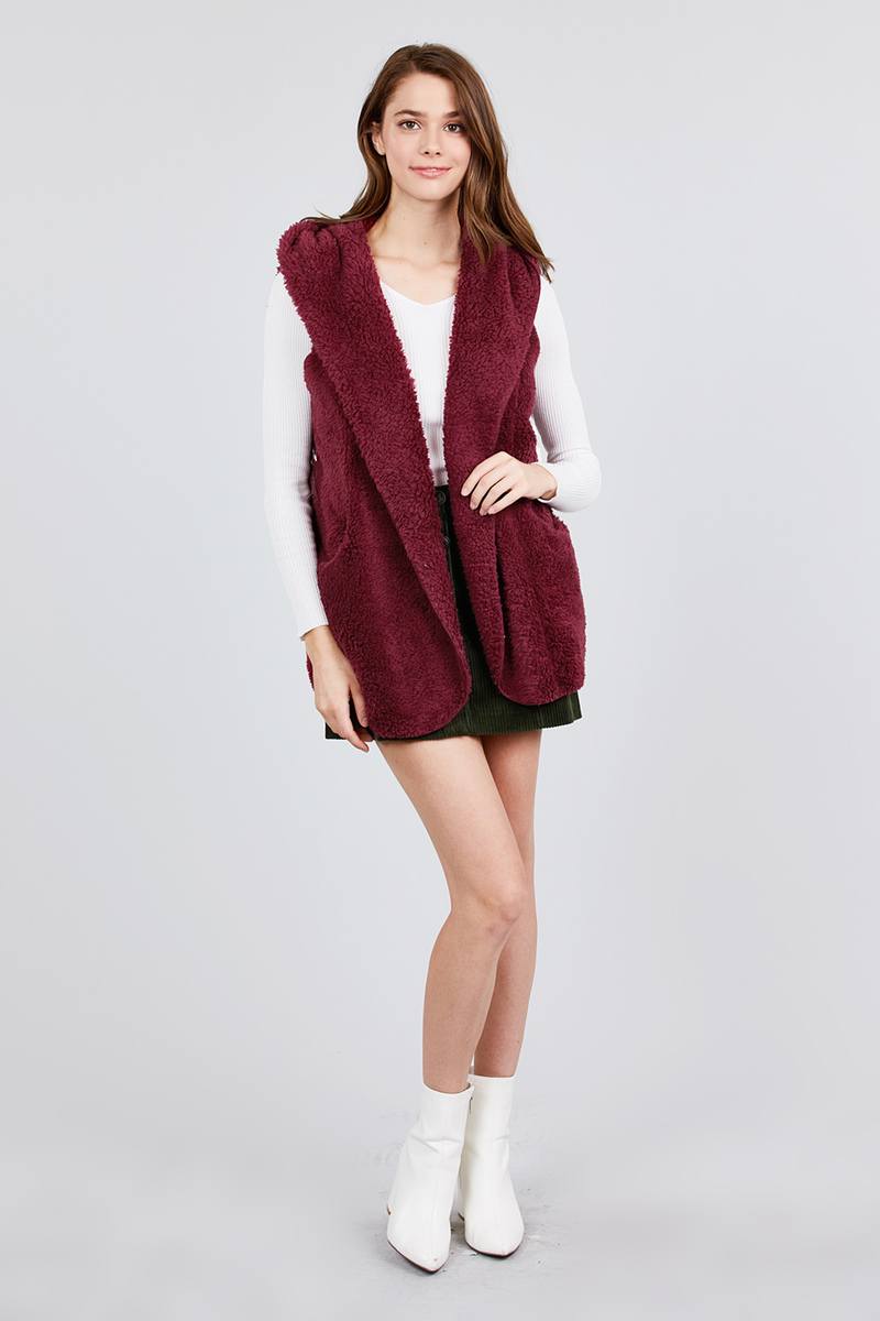 Open Front Faux Fur Vest Hoodie