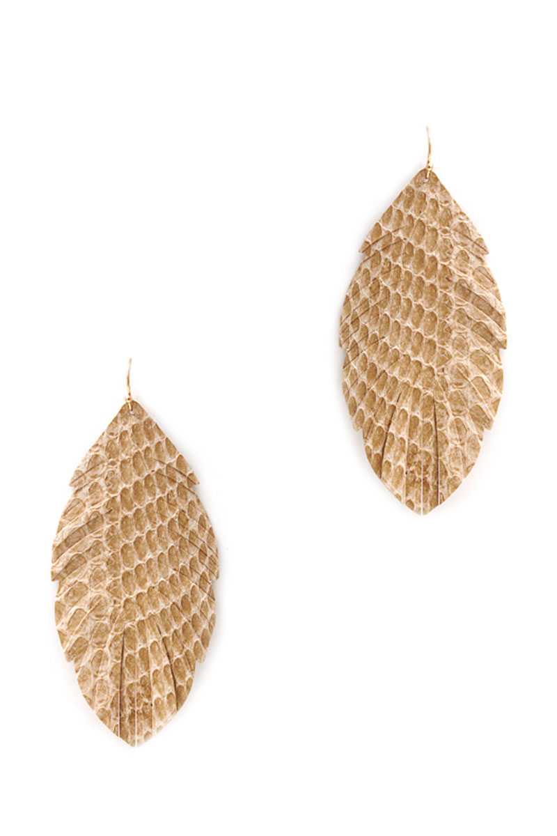 Trendy Genuine Leather Animal Skin Textured Leaf Drop Earring