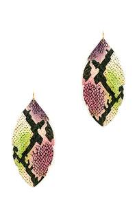 Trendy Genuine Leather Animal Skin Textured Leaf Drop Earring