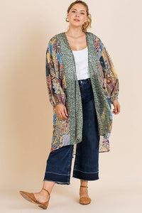 Sheer Mixed Print Long Puff Sleeve Kimono