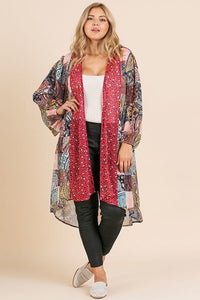 Sheer Mixed Print Long Puff Sleeve Kimono