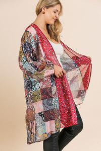 Sheer Mixed Print Long Puff Sleeve Kimono