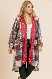 Sheer Mixed Print Long Puff Sleeve Kimono